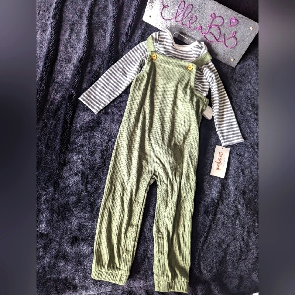 NWT Cat & Jack Cream/Olive Green Striped 2 Piece Set 18M